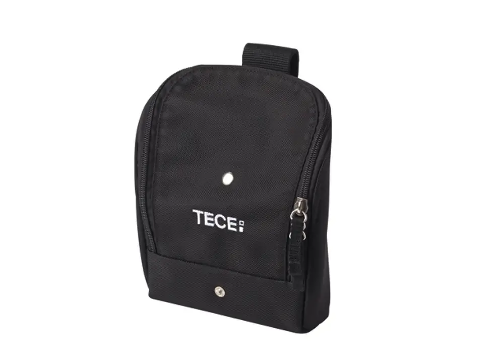 Schwarze Werkzeugtasche mit TECE-Logo, Reißverschluss und Tragegriff, geeignet für den Transport von Werkzeugen oder Kleinmaterialien.